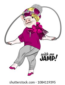 Vector pig with jump rope. Hand drawn illustration of dressed swine. 2