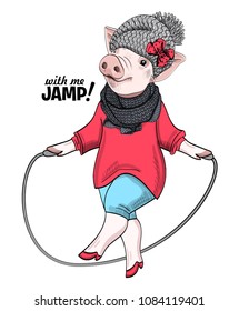 Vector pig with jump rope. Hand drawn illustration of dressed swine. 3