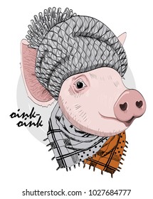 Vector pig with knitted hat and scarf. Hand drawn illustration of dressed piggy.