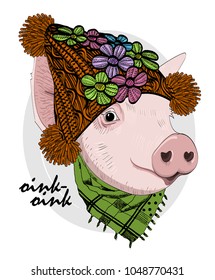 Vector pig with knitted hat and scarf. Hand drawn illustration of dressed piggy. 