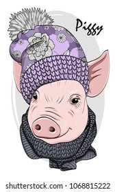 Vector pig with knitted hat and scarf. Hand drawn illustration of dressed piggy. 