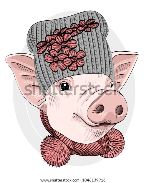 Vector Pig Knitted Hat Knitted Scarf Stock Vector Royalty Free 1046139916