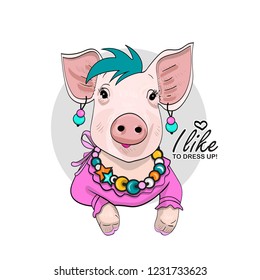 Vector pig with necklace and pink dress . Hand drawn illustration of dressed piggy. Fashion pig-girl.