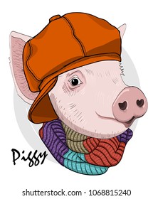 Vector pig with orange cap and knitted scarf. Hand drawn illustration of dressed piggy. 