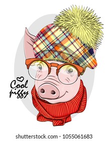 Vector pig with orange glasses, knitted hat and red knitted scarf. Hand drawn illustration of dressed pig.