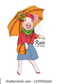 Vector pig with orange umbrella, headband with flower and  scarf. Hand drawn illustration of dressed piggy.