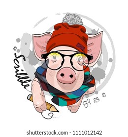 Vector pig with pencil, glasses, red hat and scarf. Hand drawn illustration of dressed pig. Swine-artist.