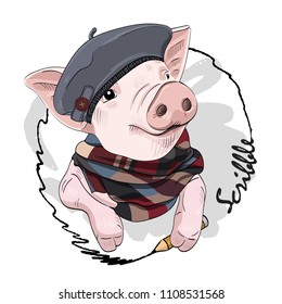 Vector pig with pencil, hat and scarf. Hand drawn illustration of dressed pig. Swine-artist.