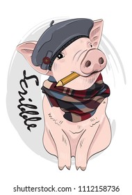Vector pig with pencil, hat and scarf. Hand drawn illustration of dressed pig. Swine-artist.