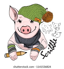 Vector pig with pencil, hat and scarf. Hand drawn illustration of dressed pig. Swine-artist. 2