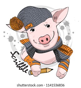 Vector pig with pencil, hat and scarf. Hand drawn illustration of dressed pig. Swine-artist. 4