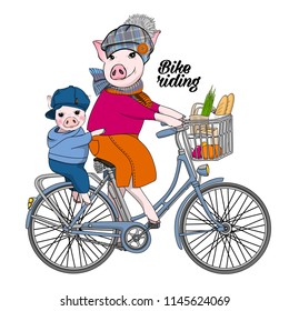 Vector pig with piggy and bike. Hand drawn illustration of dressed pigs. 2