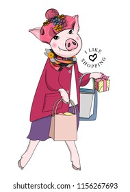 Vector pig with pink beret and bags. Hand drawn illustration of dressed piggy. Pig goes shopping.