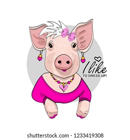 Vector pig with pink bow, dress and necklace. Hand drawn illustration of dressed piggy. Fashion pig-girl.