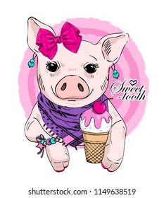 Vector pig with pink bow, earrings and  ice cream. Hand drawn illustration of dressed piggy. 