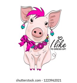 Vector pig with pink bow, earrings and necklace. Hand drawn illustration of dressed piggy.