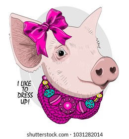 Vector pig with pink bow. Hand drawn illustration of dressed piggy.
