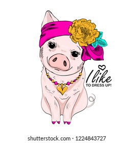 Vector pig with pink bow, necklace and yellow flower. Hand drawn illustration of dressed piggy. Fashion pig-girl.