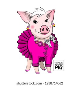 Vector pig with pink dress, bow and necklace. Hand drawn illustration of dressed piggy. Fashion pig-girl.