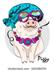 Vector pig with pink glasses, blur beret and scarf. Hand drawn illustration of dressed pig.