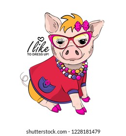 Vector pig with pink glasses, bow, necklace and red dress. Hand drawn illustration of dressed piggy. Fashion pig-girl.