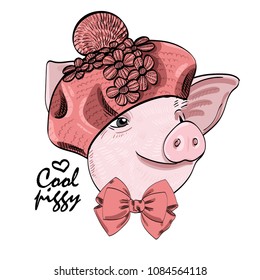 Vector pig with pink hat and bow. Hand drawn illustration of dressed piggy. 
