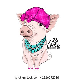 Vector pig with pink hat, bow and necklace. Hand drawn illustration of dressed piggy. Fashion pig-girl.