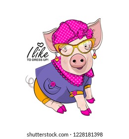 Vector pig with pink hat, bow, earrings and violet dress. Hand drawn illustration of dressed piggy. Fashion pig-girl.