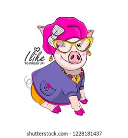 Vector pig with pink hat, bow, necklace, glasses and violet dress. Hand drawn illustration of dressed piggy. Fashion pig-girl.