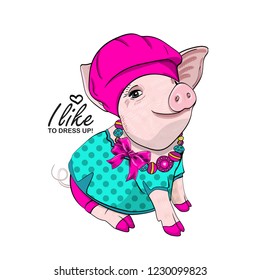 Vector pig with pink hat, bow, necklace and green dress. Hand drawn illustration of dressed piggy. Fashion pig-girl.