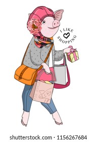 Vector pig with pink hat, flower and and bags. Hand drawn illustration of dressed piggy. Pig goes shopping.