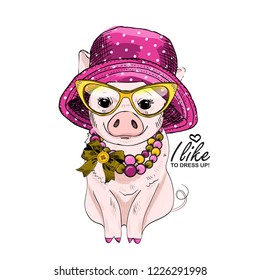 Vector pig with pink hat, necklace and yellow glasses . Hand drawn illustration of dressed piggy. Fashion pig-girl.