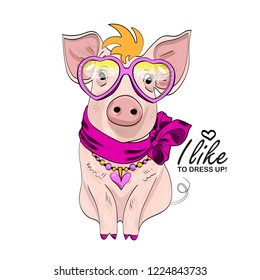 Vector pig with pink scarf, necklace and glasses . Hand drawn illustration of dressed piggy. Fashion pig-girl.