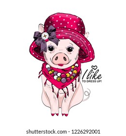 Vector pig with red hat, bow, necklace and red scarf. Hand drawn illustration of dressed piggy. Fashion pig-girl.
