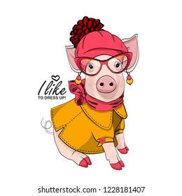 Vector pig with red hat, bow, yellow dress and red scarf. Hand drawn illustration of dressed piggy. Fashion pig-girl.