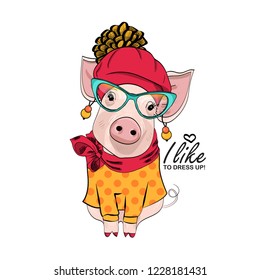 Vector pig with red hat, bow, yellow dress and red scarf. Hand drawn illustration of dressed piggy. Fashion pig-girl.