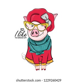 Vector pig with red hat, dress, bow, green knitted scarf and glasses. Hand drawn illustration of dressed piggy. Fashion pig-girl.