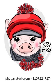 Vector pig with red hat and knitted  scarf. Hand drawn illustration of dressed piggy.