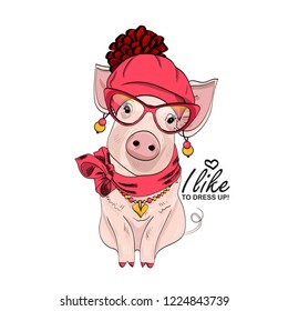 Vector pig with red hat, scarf, necklace, bow and glasses . Hand drawn illustration of dressed piggy. Fashion pig-girl.