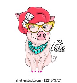 Vector pig with red hat, white bow, necklace and glasses . Hand drawn illustration of dressed piggy. Fashion pig-girl.