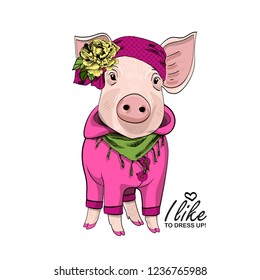 Vector pig with red headband, yellow flower, pink overalls and green scarf. Hand drawn illustration of dressed piggy. Fashion pig-girl.