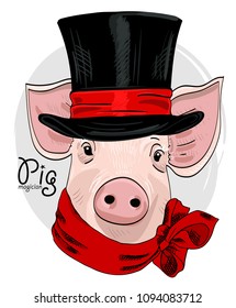 Vector pig with red knitted hat and scarf. Hand drawn illustration of dressed piggy.