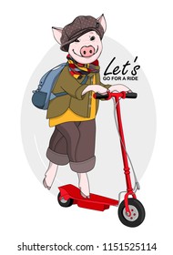 Vector pig with a red scooter. Hand drawn illustration of dressed piggy with cap, backpack and scarf.
