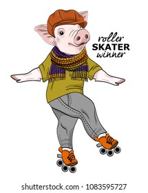 Vector pig with roller skates. Hand drawn illustration of dressed pig. 3