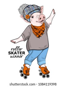 Vector pig with roller skates. Hand drawn illustration of dressed swine. 