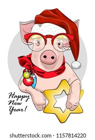 Vector pig - santa claus in a red cap  and red scarf. Hand drawn illustration of dressed piggy with red glasses. 3