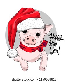 Vector pig - santa claus in a red cap  and red scarf. Hand drawn illustration of dressed piggy.