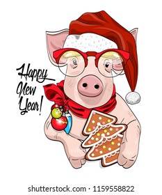 Vector pig - santa claus in a red cap  and red scarf. Hand drawn illustration of dressed piggy with glasses and Christmas Gingerbread.