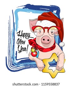 Vector pig - santa claus in a red cap  and red scarf. Hand drawn illustration of dressed piggy with glasses and gold star.