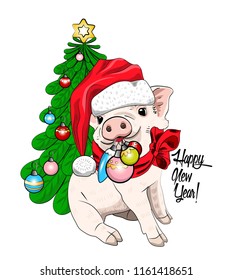 Vector pig - santa claus in a red cap  and red scarf. Hand drawn illustration of dressed piggy with сhristmas tree.